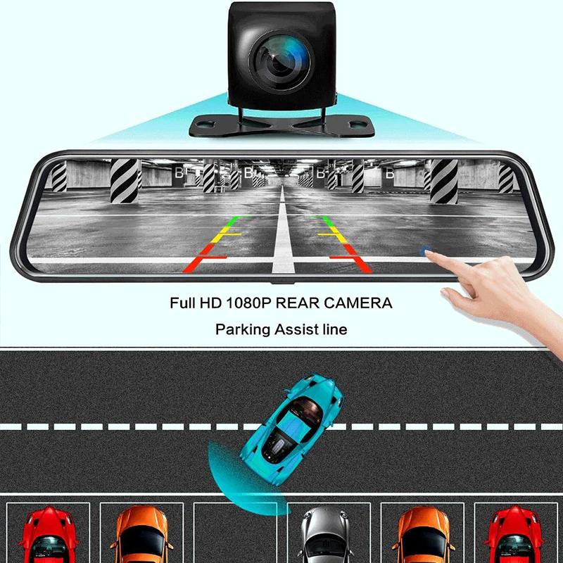 Camara delantera y trasera de coche, espejo con doble monitor