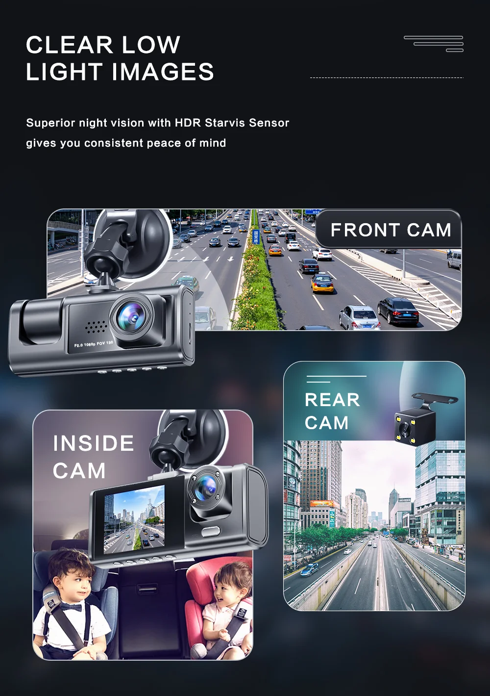 Camara Car, 3 camaras: delantera, trasera y interior