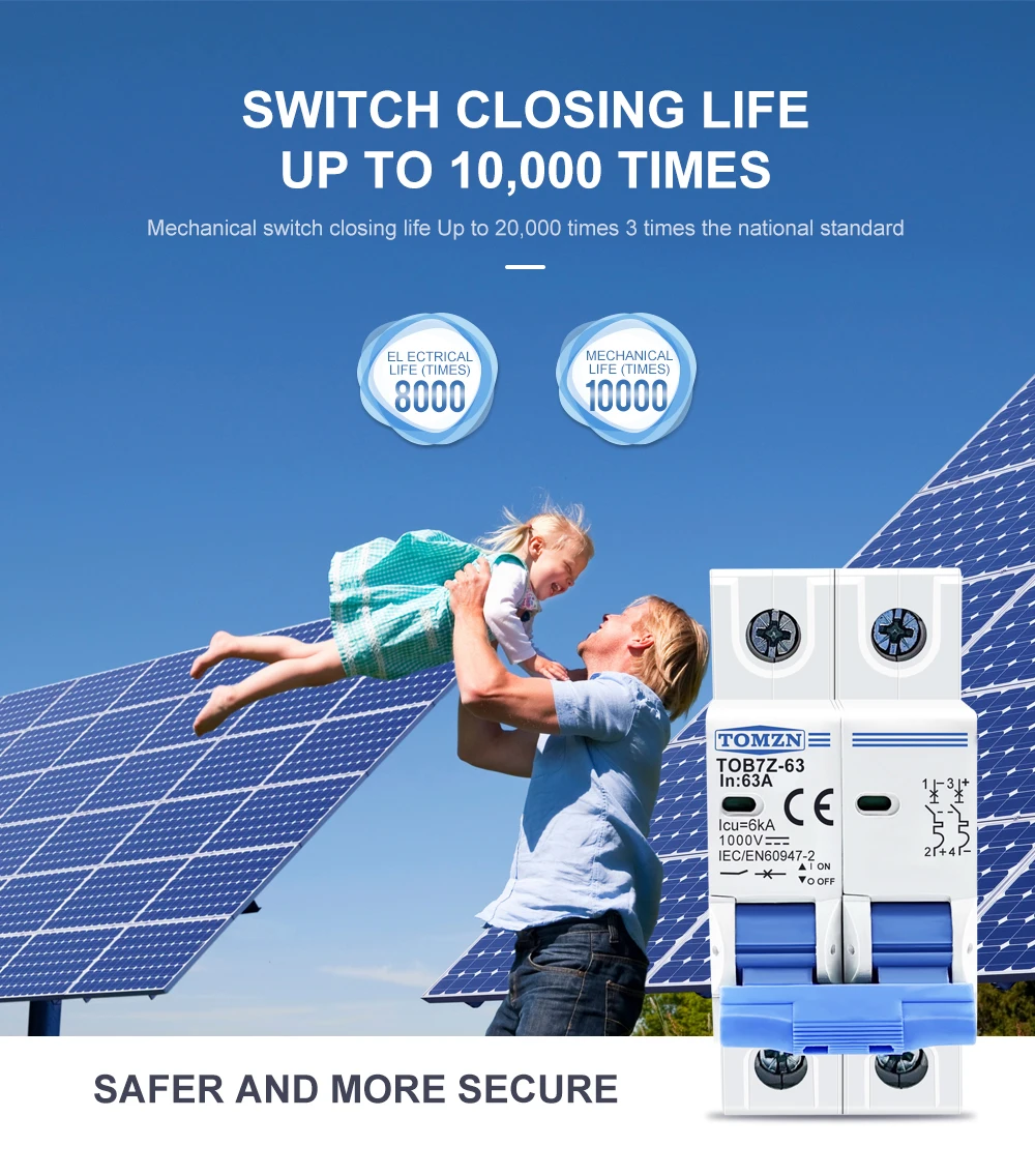  Disyuntor Solar MCB para sistema PV, 2P DC MCB 1000V, 3A 6A 10A 16A 20A 25A 32A 40A 50A 63A DC MCB