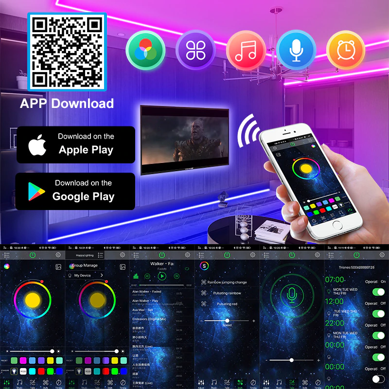 Iluminacion LED con mando IR, Bluetooth, aplicación movil: musica, efectos, 