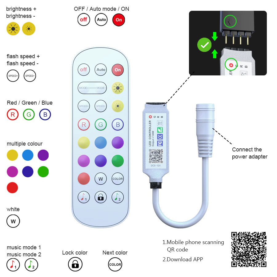 Iluminacion LED con mando IR, Bluetooth, aplicación movil: musica, efectos, 