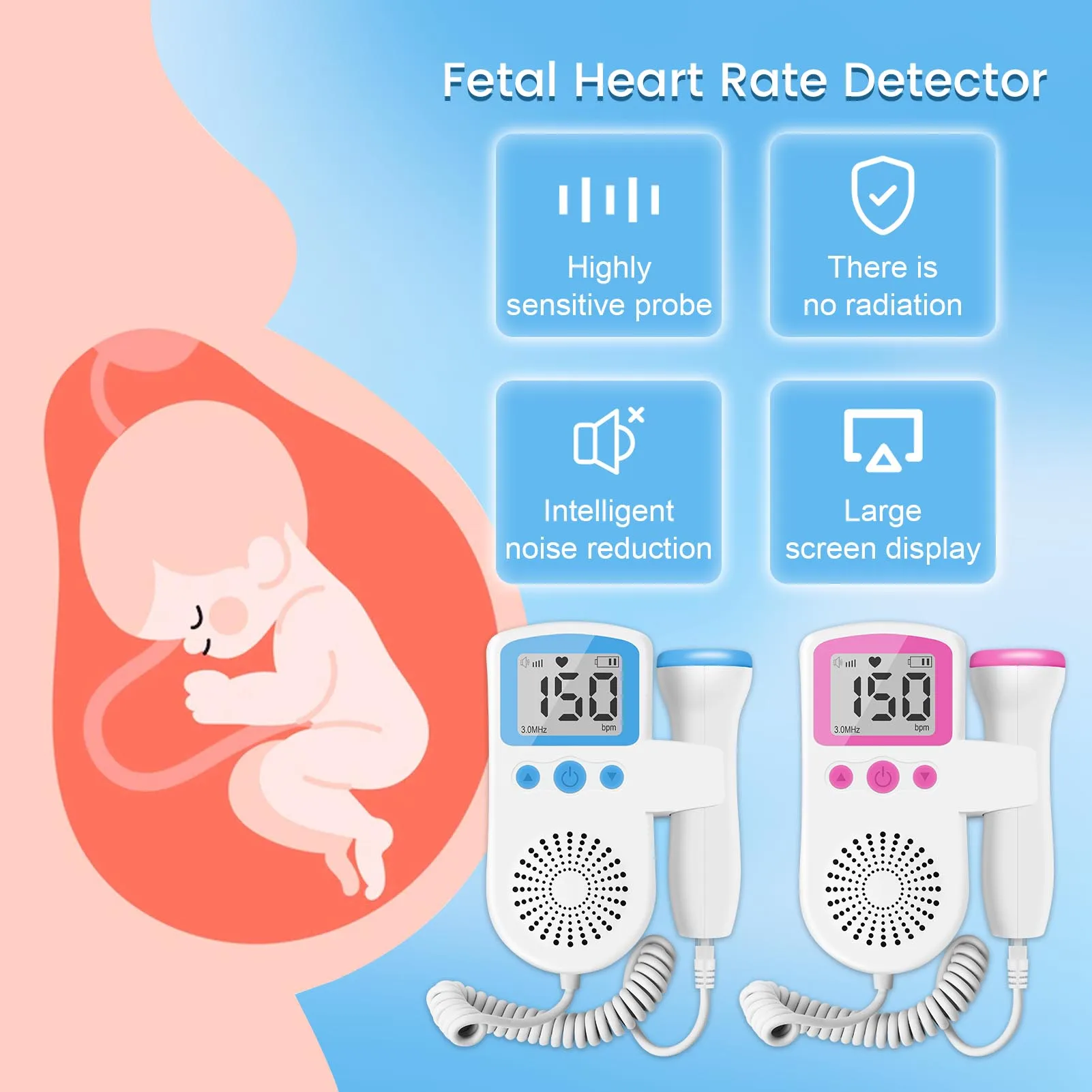 Monitor Fetal. Detector ultrasónico de frecuencia cardíaca para bebé, estetoscopio, Doppler, Mujeres Pregnadas, Frecuencia 3MHz