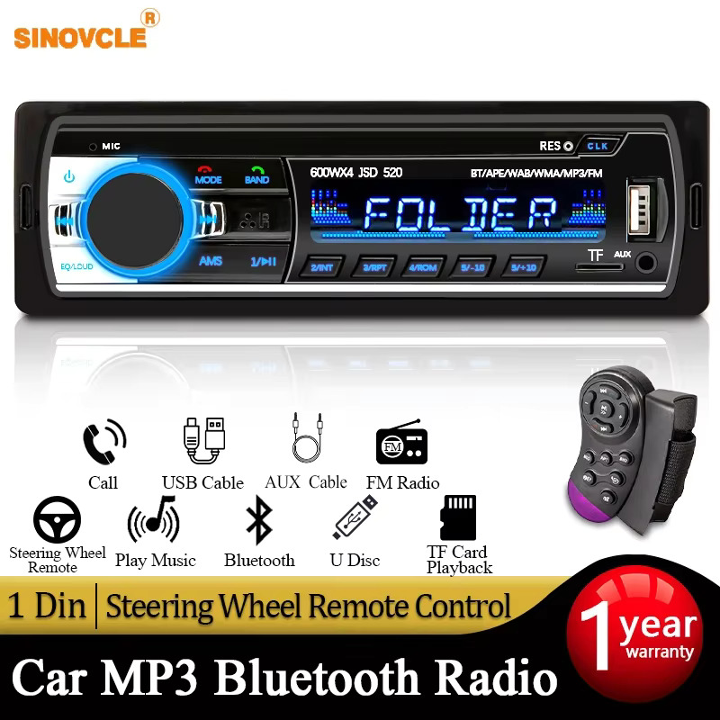 AutoRadio estéreo Digital, reproductor MP3, 1 din, Bluetooth, 60w x 4, FM, Audio, música, USB/SD, entrada auxiliar 