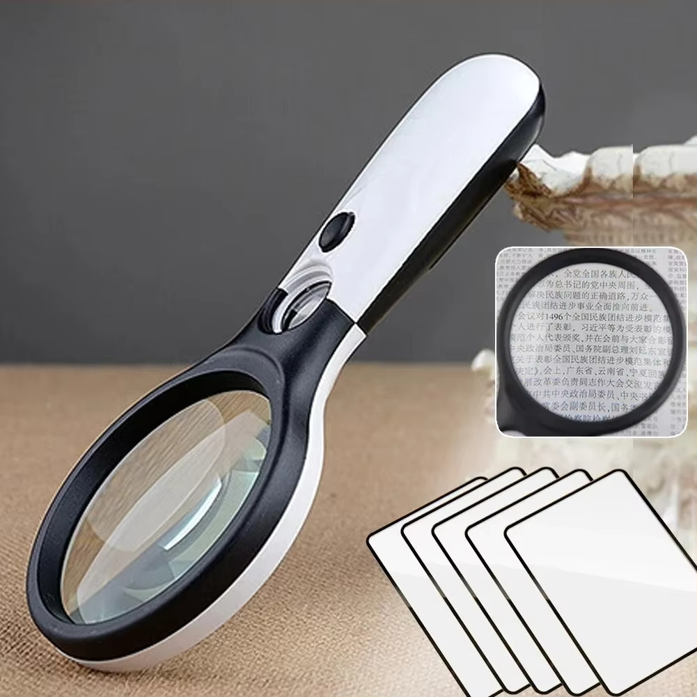 Lupa de mano blanca de 45X con 3 luces LED para lectura, lupa de joyería