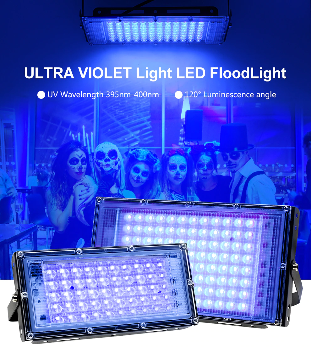 Focos LED luz negra,  3.500 lumenes, 220 V. No daña el cuerpo humano ni los ojos porqué la longitud de onda UV es: 395-400nm