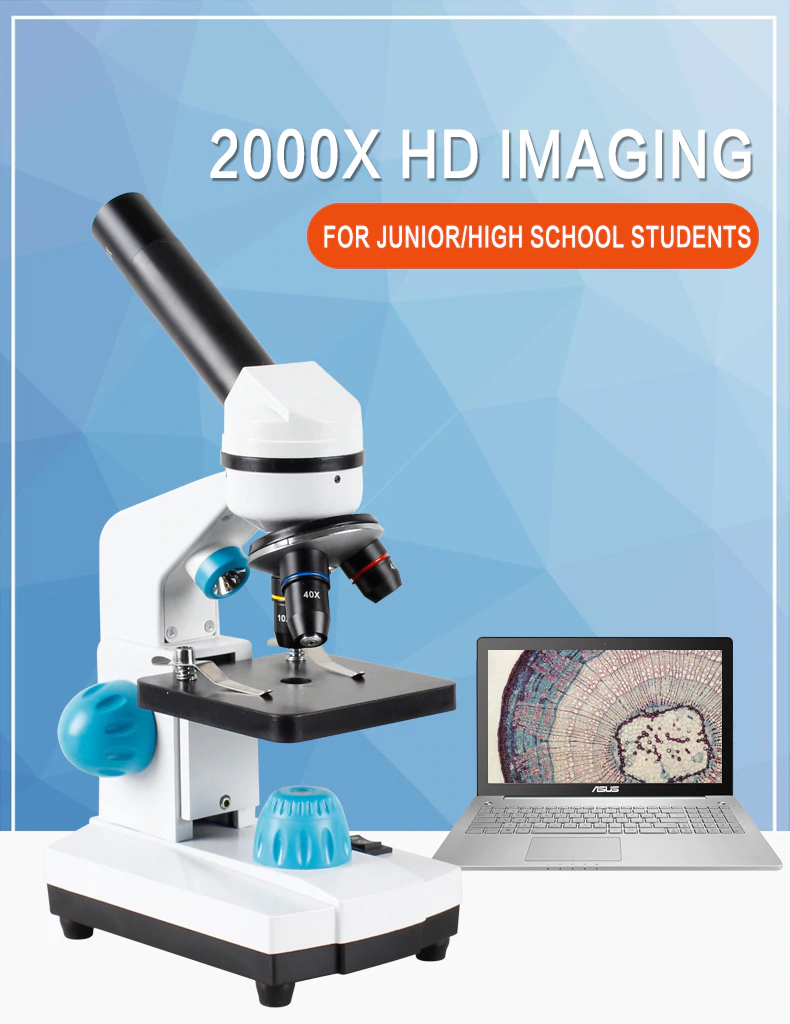 Microscopio biológico monocular HD 2000 x, accesorios 13 piezas, ocular electrónico, Monocular, laboratorio de estudiantes