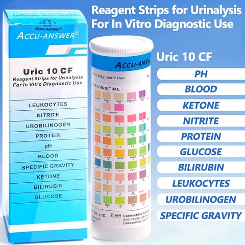 Tiras de prueba de orina de 10 parámetros. Leucocitos, nitritos, proteínas, pH, bilirrubina, urobilinógeno, cetonas, gravedad específica, microalbúmina en orina y ascorbato.