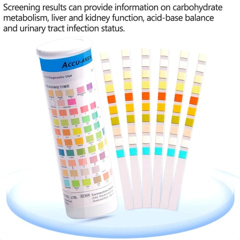 Tiras de prueba de orina de 10 parámetros. Leucocitos, nitritos, proteínas, pH, bilirrubina, urobilinógeno, cetonas, gravedad específica, microalbúmina en orina y ascorbato.