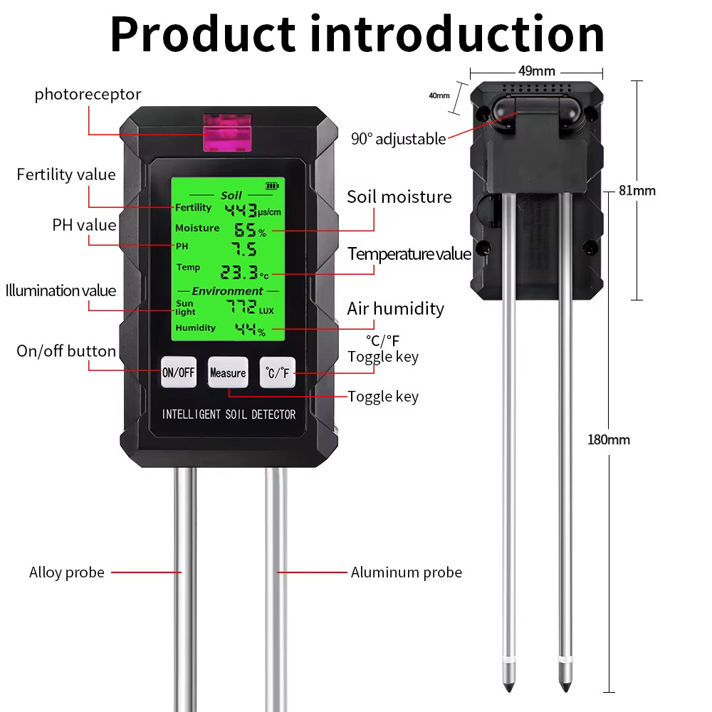Detector de suelo 6 en 1, probador de suelo, pH, temperatura, humedad, luz solar, humedad del aire, medidor de fertilidad.
