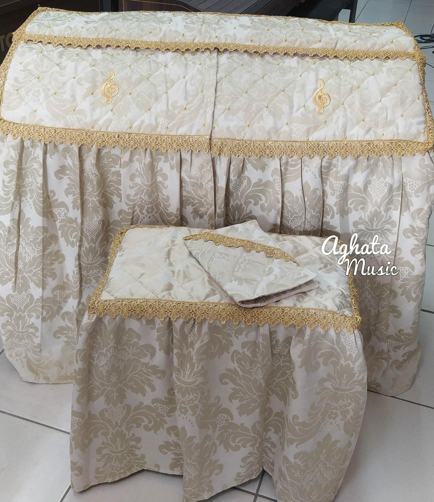 Capa Para Órgão Eletrônico Master Luxo Renda Gripir Bege com dourado