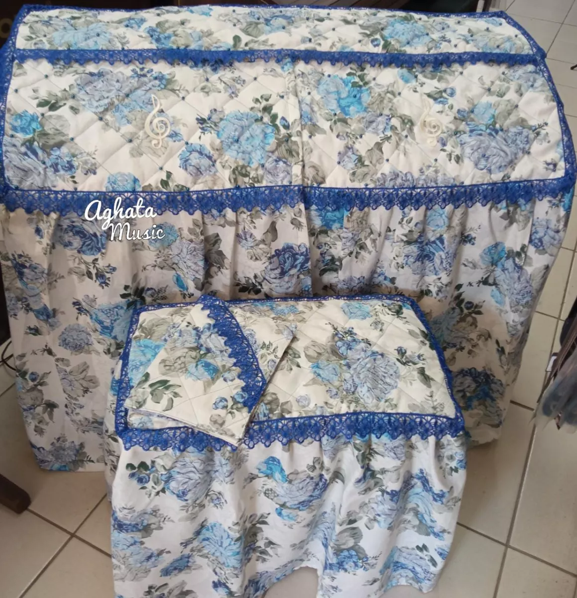 Capa Para Órgão Eletrônico Master Luxo Renda Gripir Floral Azul