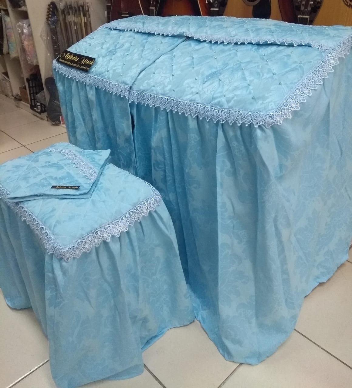 Capa Para Órgão Eletrônico Master Luxo Renda Gripir Azul Céu