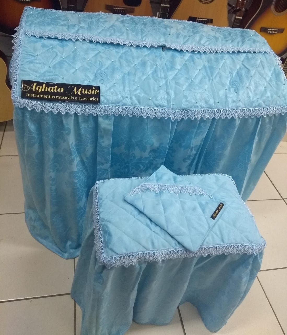 Capa Para Órgão Eletrônico Master Luxo Renda Gripir Azul Céu