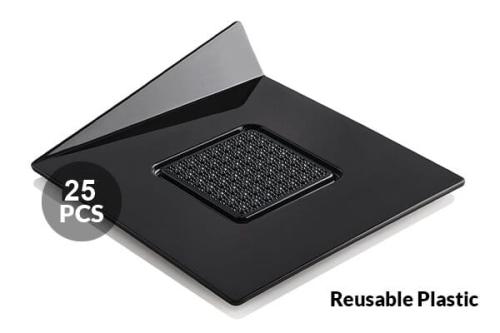 Kvadratinis plastikinis juodos spalvos 83x83mm padėkliukas desertui (25vnt)