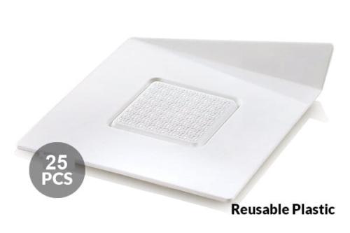 Kvadratinis plastikinis baltos spalvos 83x83mm padėkliukas desertui (25vnt)
