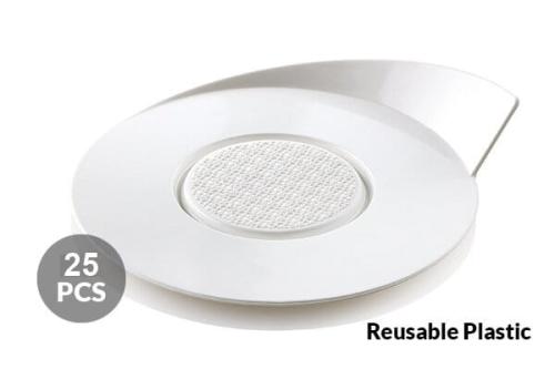 Apvalus plastikinis baltos spalvos 86mm padėkliukas desertui (25vnt)