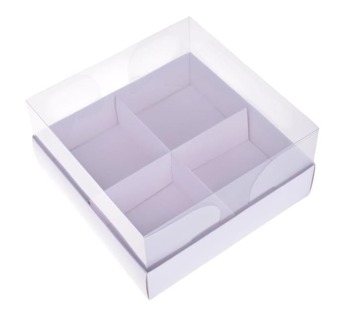 Dėžutė balta20x20x10cm skaidriu dangteliu keturiems pyragėliams  (5vnt)