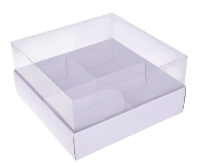 Dėžutė balta20x20x10cm skaidriu dangteliu keturiems pyragėliams  (5vnt)