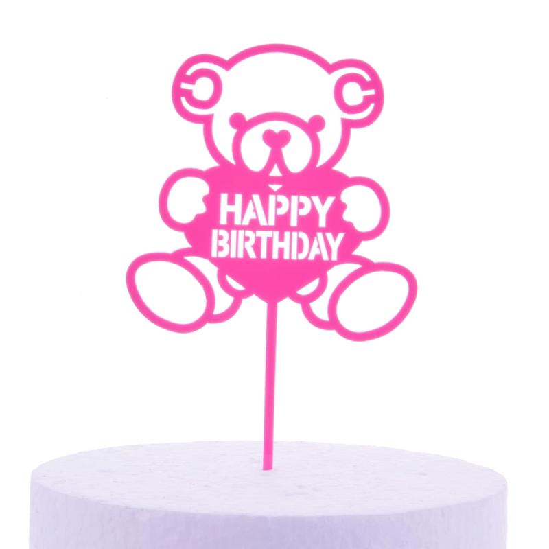 Akrilinis smeigtukas rožinis meškiukas laikantis širdelę su Happy Birthday užrašu 