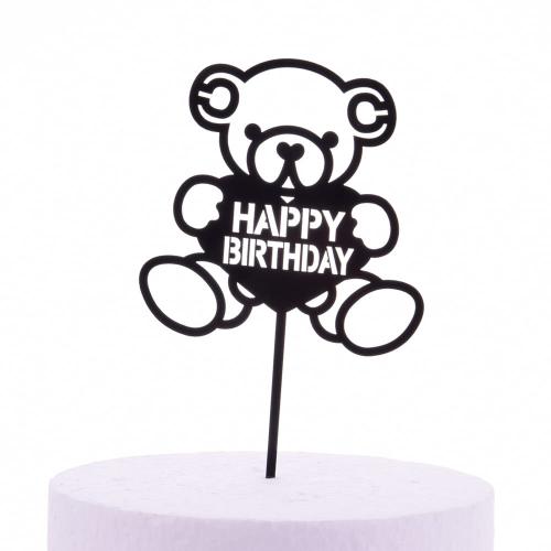 Akrilinis smeigtukas juodas meškiukas laikantis širdelę su Happy Birthday užrašu 