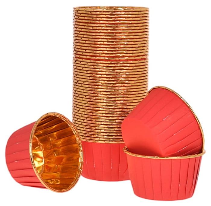 Keksiukų krepšeliai 50x40mm foliniu vidumi raudona/auksinė spalva (50vnt)