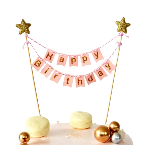 Popierinė rožinės spalvos torto girlianda su Happy Birthday vėliavėlėm 20 cm