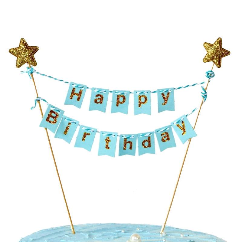 Popierinė mėlynos spalvos torto girlianda su Happy Birthday vėliavėlėmis  20 cm