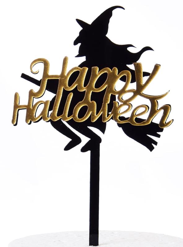 Akrilinė torto dekoracija smeigtukas Halloween ragana ant šluotos