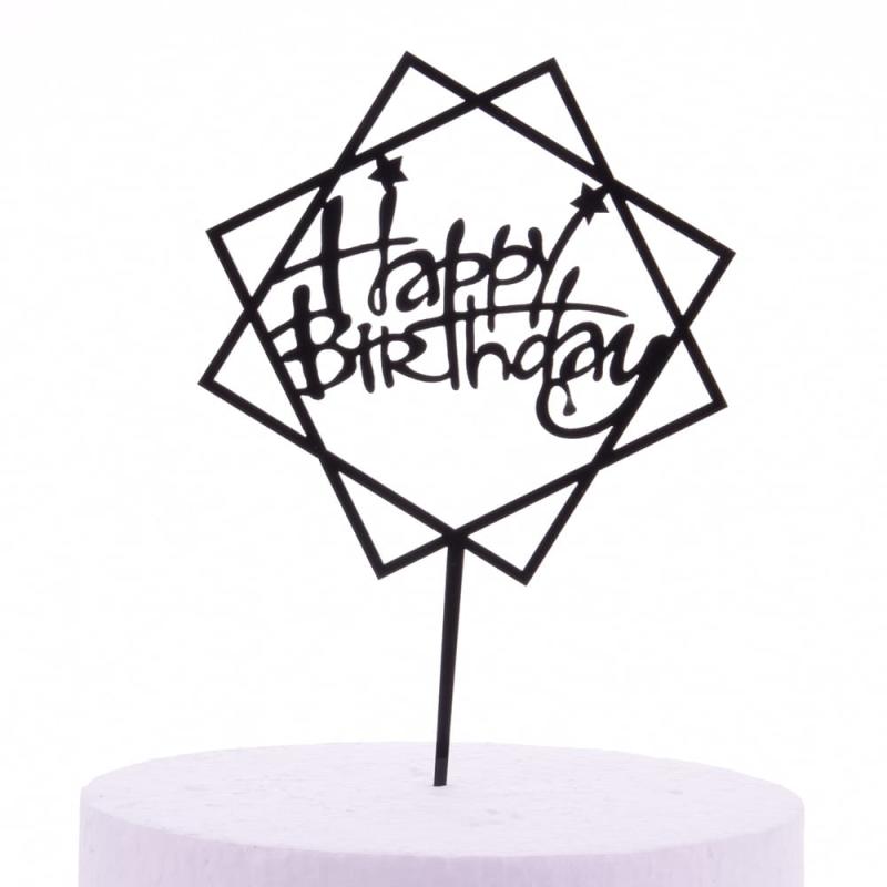 Akrilinė/kvadratinė torto dekoracija smeigtukas Happy Birthday