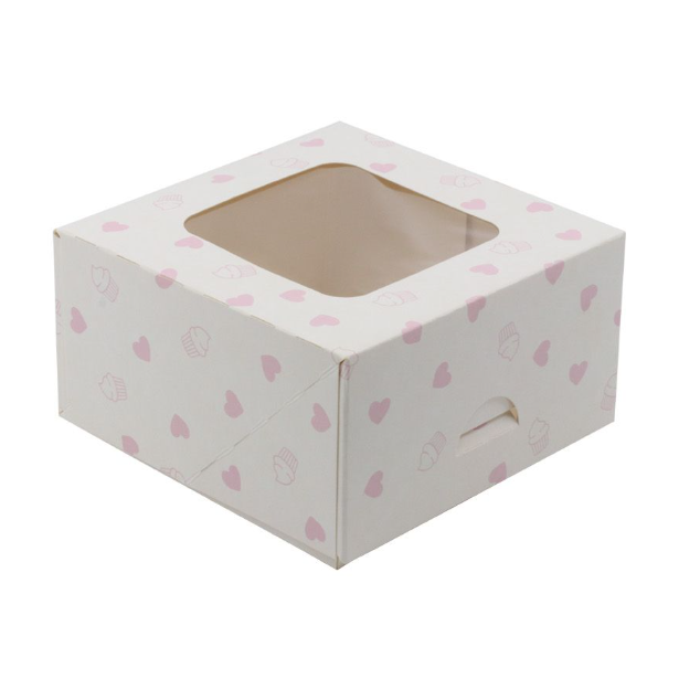 Balta dėžutė 13x13x7cm su langeliu puošta širdele ir keksiuku   (10vnt)