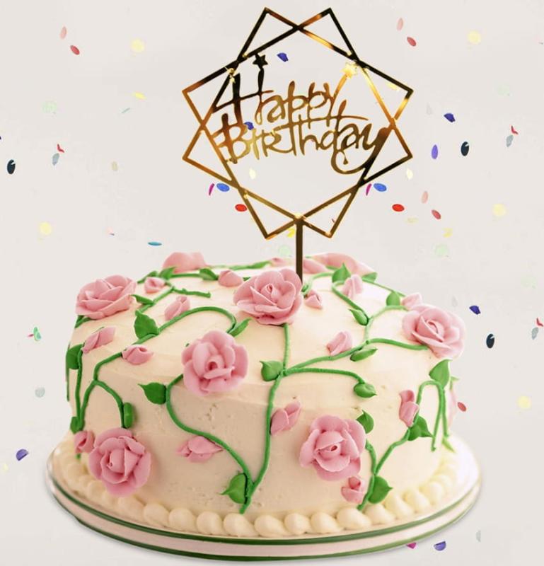 Akrilinė/kvadratinė torto dekoracija smeigtukas Happy Birthday