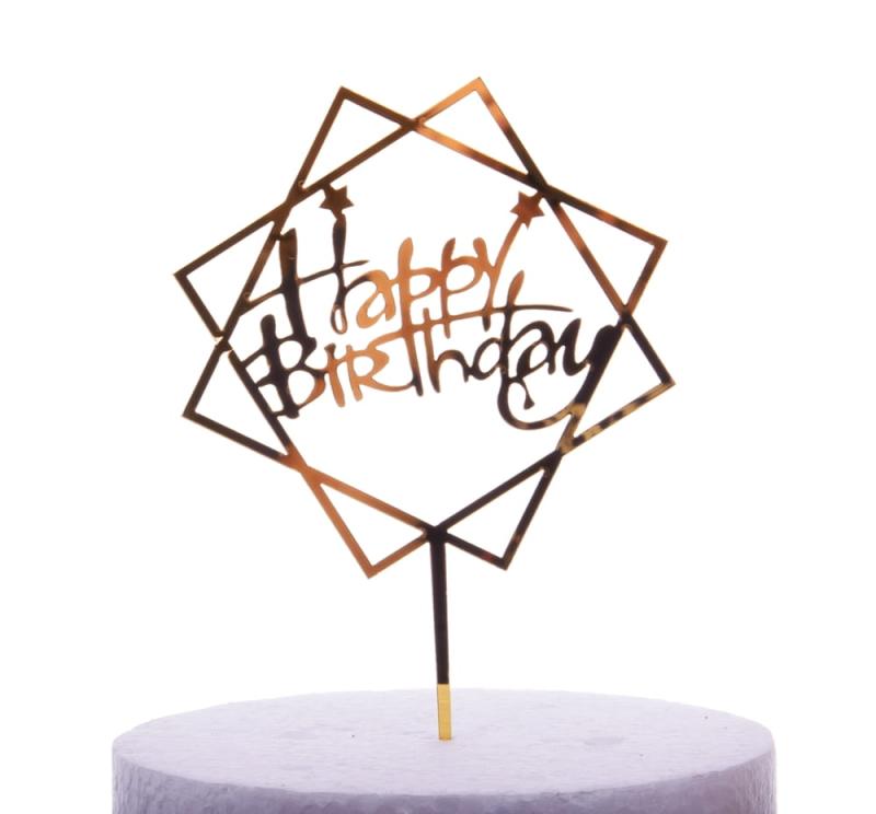 Akrilinė/kvadratinė torto dekoracija smeigtukas Happy Birthday
