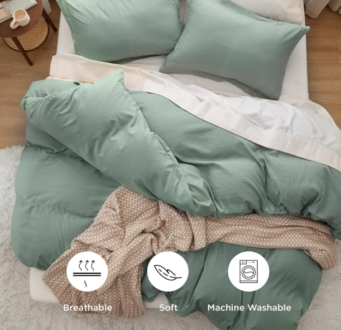 Sage Green Duvet Cover Queen Size - Soft Prewashed Queen Duvet Cover Set, 3 Pieces, 1 Duvet Cover 90x90 Inches with Zipper Closure and 2 Pillow Shams, Comforter Not Included