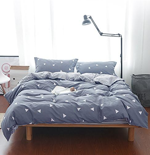 3 Pieces Duvet Cover Set Blue Gray with White Triangles - Ultra Soft and Easy Care Design Summer Bedding Duvet Cover Queen Size 90x90+ 2 Pillow Shams- 800 TC with Zipper Closure 4 Corner Ties