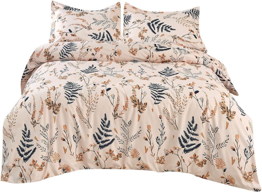 3 Piece Blush Floral Duvet Cover Set Queen, Soft Botanical Printed Microfiber Comforter Cover Zipper Closure Corner Ties