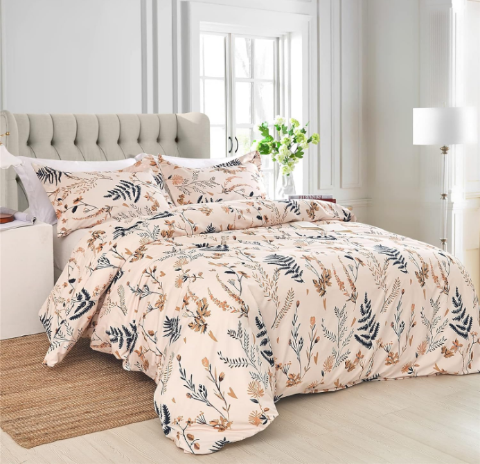 3 Piece Blush Floral Duvet Cover Set Queen, Soft Botanical Printed Microfiber Comforter Cover Zipper Closure Corner Ties