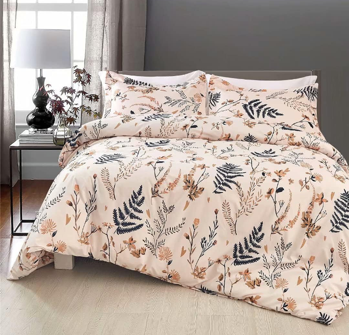 3 Piece Blush Floral Duvet Cover Set Queen, Soft Botanical Printed Microfiber Comforter Cover Zipper Closure Corner Ties