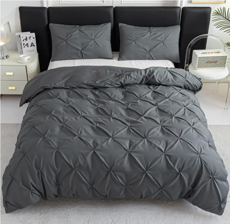 PY HOME & SPORTS 3 Pieces Bedding Duvet Cover Set, Pinch Pleated Queen Duvet Cover, Pintuck Comforter Quilt Cover with 2 Pillow Shams-Light Grey