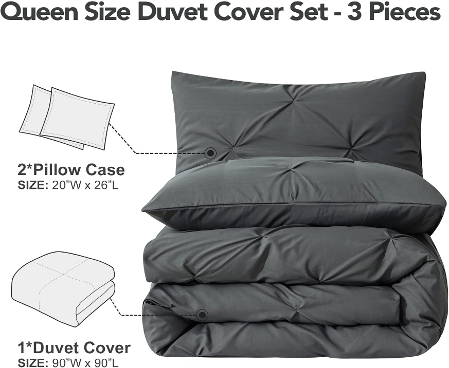 PY HOME & SPORTS 3 Pieces Bedding Duvet Cover Set, Pinch Pleated Queen Duvet Cover, Pintuck Comforter Quilt Cover with 2 Pillow Shams-Light Grey