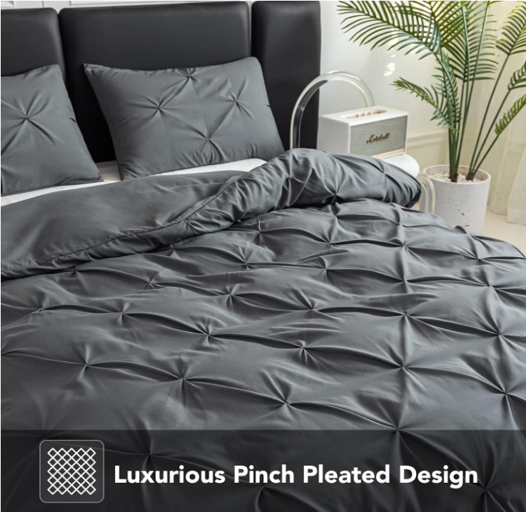 PY HOME & SPORTS 3 Pieces Bedding Duvet Cover Set, Pinch Pleated Queen Duvet Cover, Pintuck Comforter Quilt Cover with 2 Pillow Shams-Light Grey