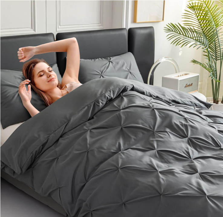 PY HOME & SPORTS 3 Pieces Bedding Duvet Cover Set, Pinch Pleated Queen Duvet Cover, Pintuck Comforter Quilt Cover with 2 Pillow Shams-Light Grey