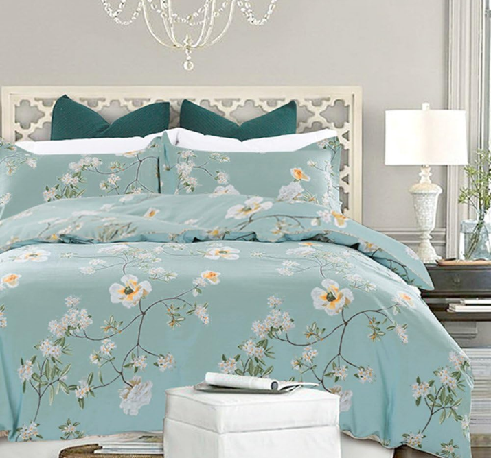 Bedding Duvet Cover Set Queen, 3 Pieces – 800-Thread Floral Microfiber Down Comforter Quilt Cover Zipper & Tie for Women & Men’s Bedroom, Luxury Guestroom Decor -Teal