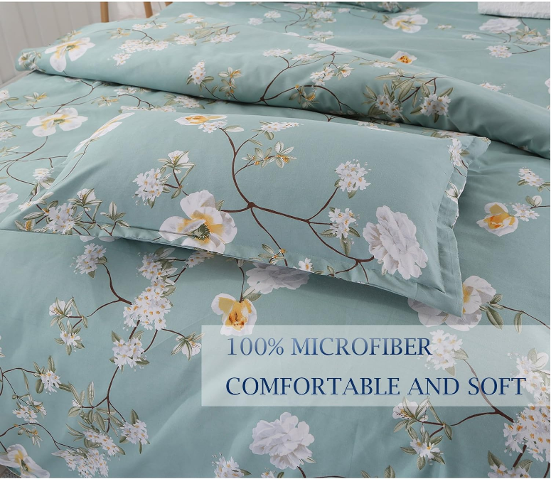 Bedding Duvet Cover Set Queen, 3 Pieces – 800-Thread Floral Microfiber Down Comforter Quilt Cover Zipper & Tie for Women & Men’s Bedroom, Luxury Guestroom Decor -Teal