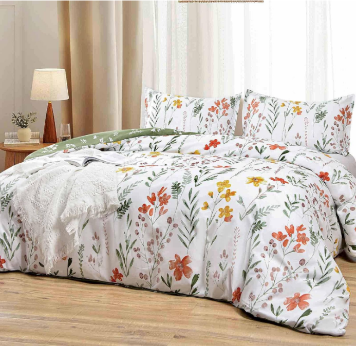Duvet Cover Twin Size - Yellow Flowers and Green Leaf Spring Botanical Printed Microfiber Comforter Cover Set - 2 Piece 68x90 Soft and Lightweight Quilt Cover, Farmhouse Style for Women Men