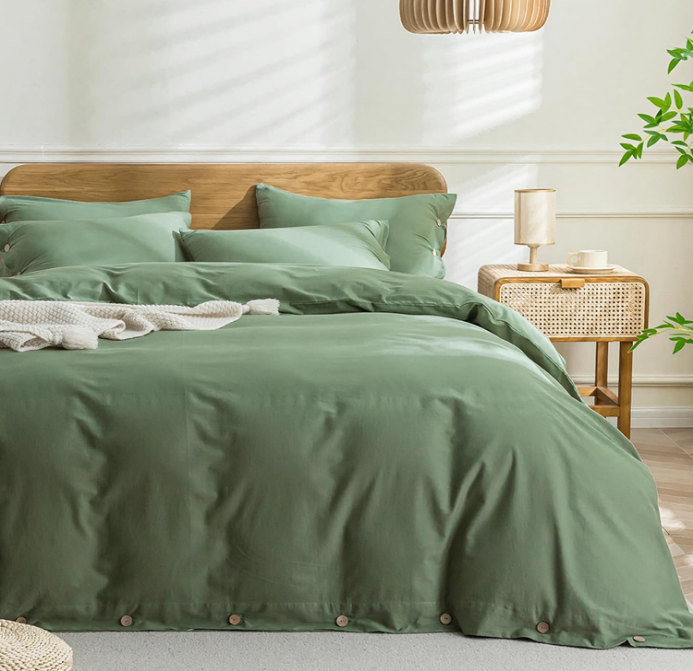 Green Duvet Cover Queen Size - 100% Washed Cotton Linen Like Textured Comforter Cover, 3 Pieces Breathable Soft Bedding Set with Button Closure (Green, Queen 90"x90")