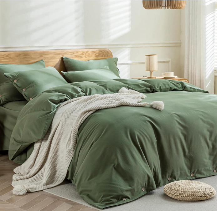 Green Duvet Cover Queen Size - 100% Washed Cotton Linen Like Textured Comforter Cover, 3 Pieces Breathable Soft Bedding Set with Button Closure (Green, Queen 90"x90")