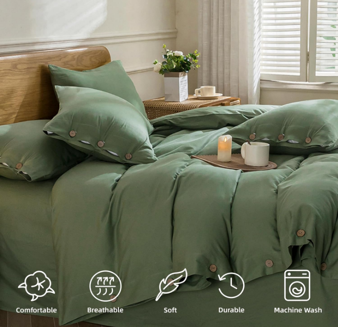 Green Duvet Cover Queen Size - 100% Washed Cotton Linen Like Textured Comforter Cover, 3 Pieces Breathable Soft Bedding Set with Button Closure (Green, Queen 90"x90")