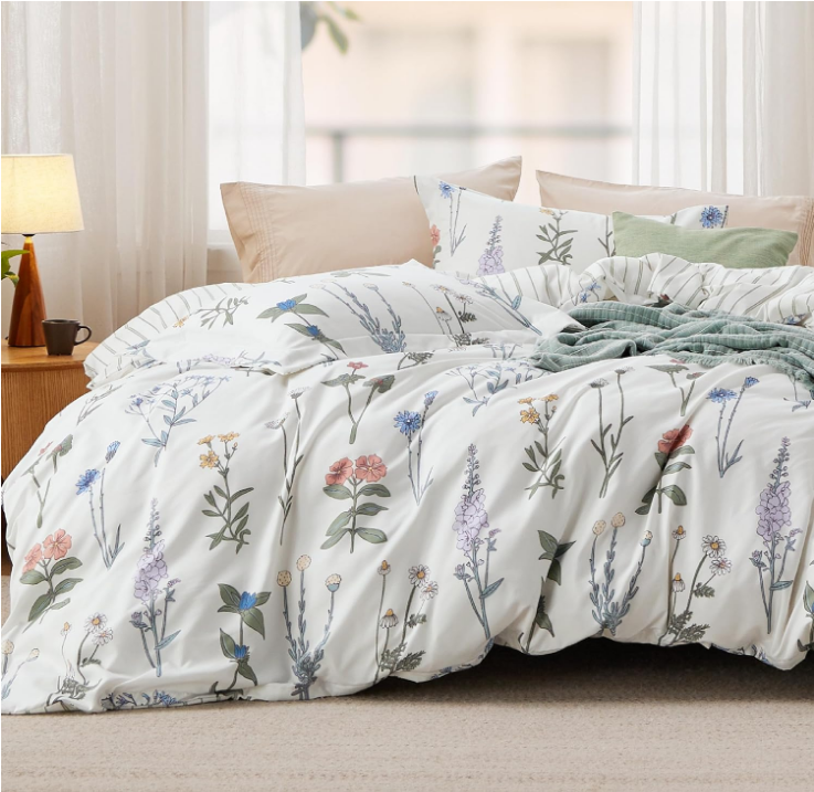 Duvet Cover Queen Size - Reversible Cute Floral Duvet Cover Set with Zipper Closure, White Bedding Comforter Cover, 3 Pieces, 1 Duvet Cover 90"x90" and 2 Pillow Shams 20"x26"