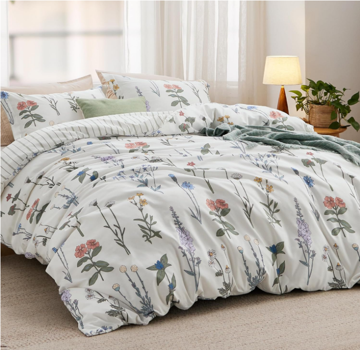 Duvet Cover Queen Size - Reversible Cute Floral Duvet Cover Set with Zipper Closure, White Bedding Comforter Cover, 3 Pieces, 1 Duvet Cover 90"x90" and 2 Pillow Shams 20"x26"