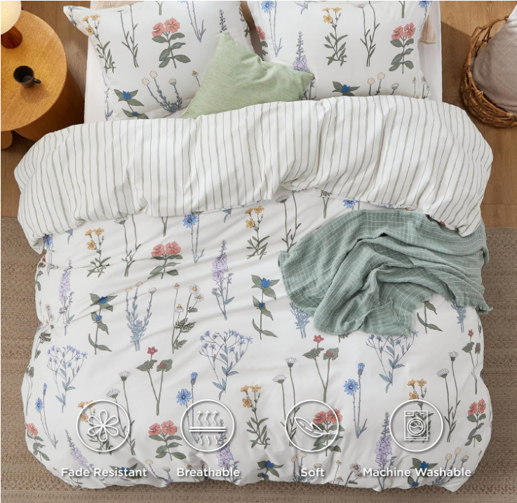 Duvet Cover Queen Size - Reversible Cute Floral Duvet Cover Set with Zipper Closure, White Bedding Comforter Cover, 3 Pieces, 1 Duvet Cover 90"x90" and 2 Pillow Shams 20"x26"